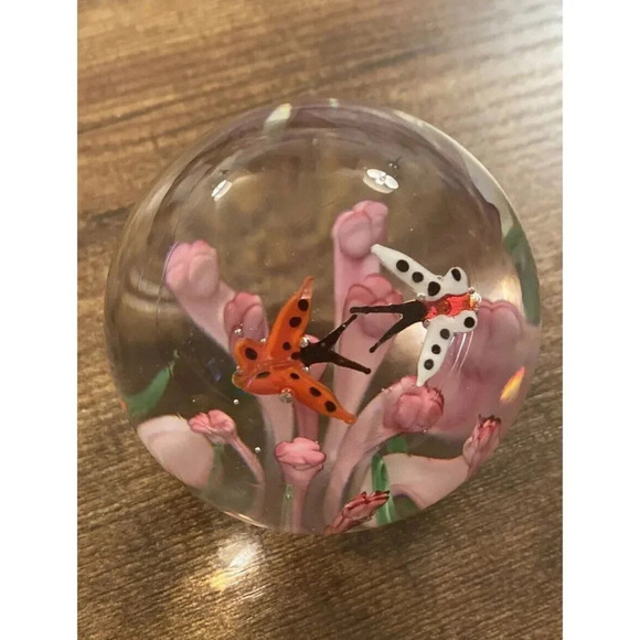 Handcrafted Art Glass Paperweight – Butterfly Over Flowers Design, 2.5” Round - Picture 1 of 5